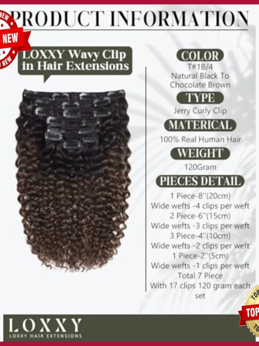 18-Inch Human Hair Extensions, 7-Piece Set with 17 Clips, 120g